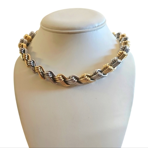 Vintage Jewelry - Gold and Silver Interlocking Chainmaille Clip Chain Choker Chunky Necklace
